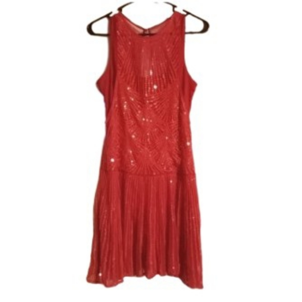 Size 8 Red Sequin Illusion Neckline  Sleeveless Nostalgic Roaring 20s Dress